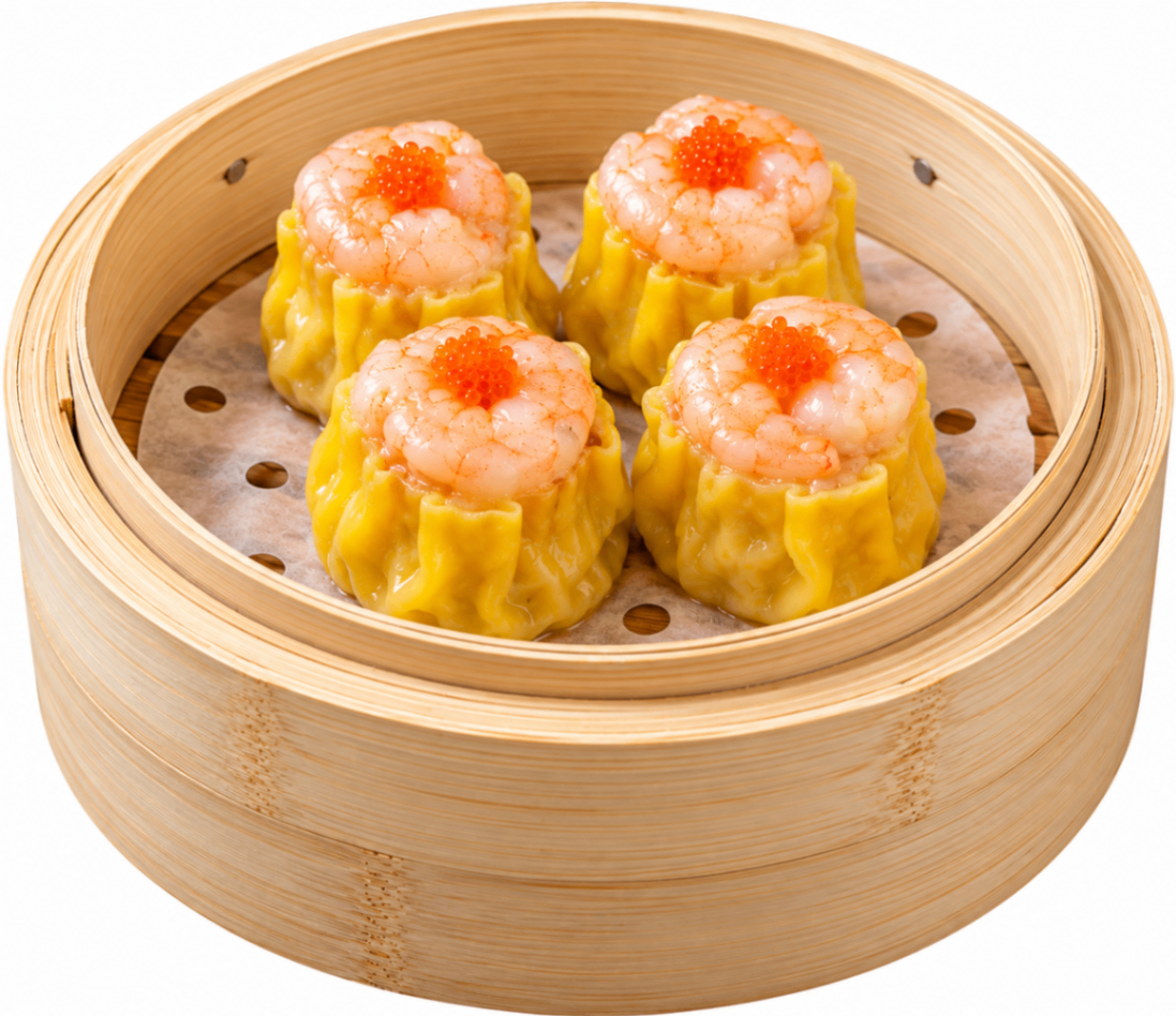 Four shrimp shumai in a bamboo steamer basket