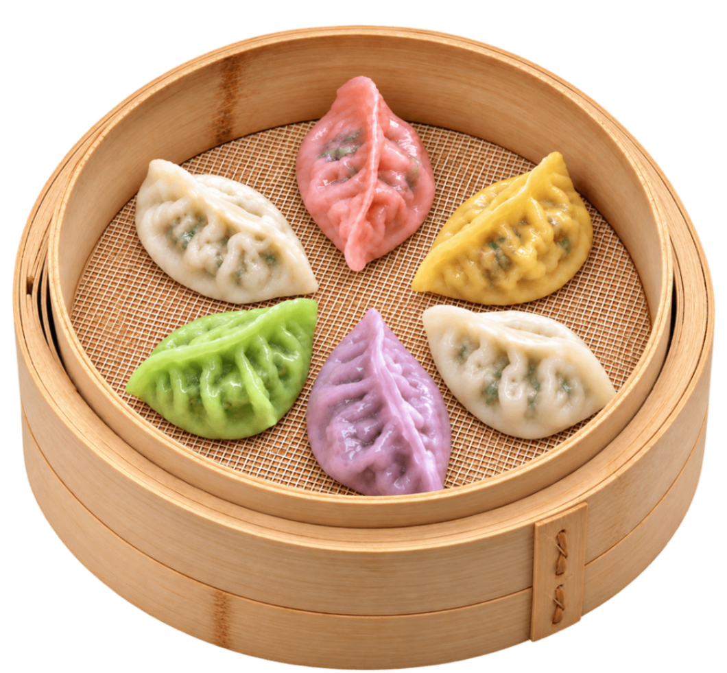 Steamed dumplings in a bamboo basket, in pink, yellow, green, and white colors.