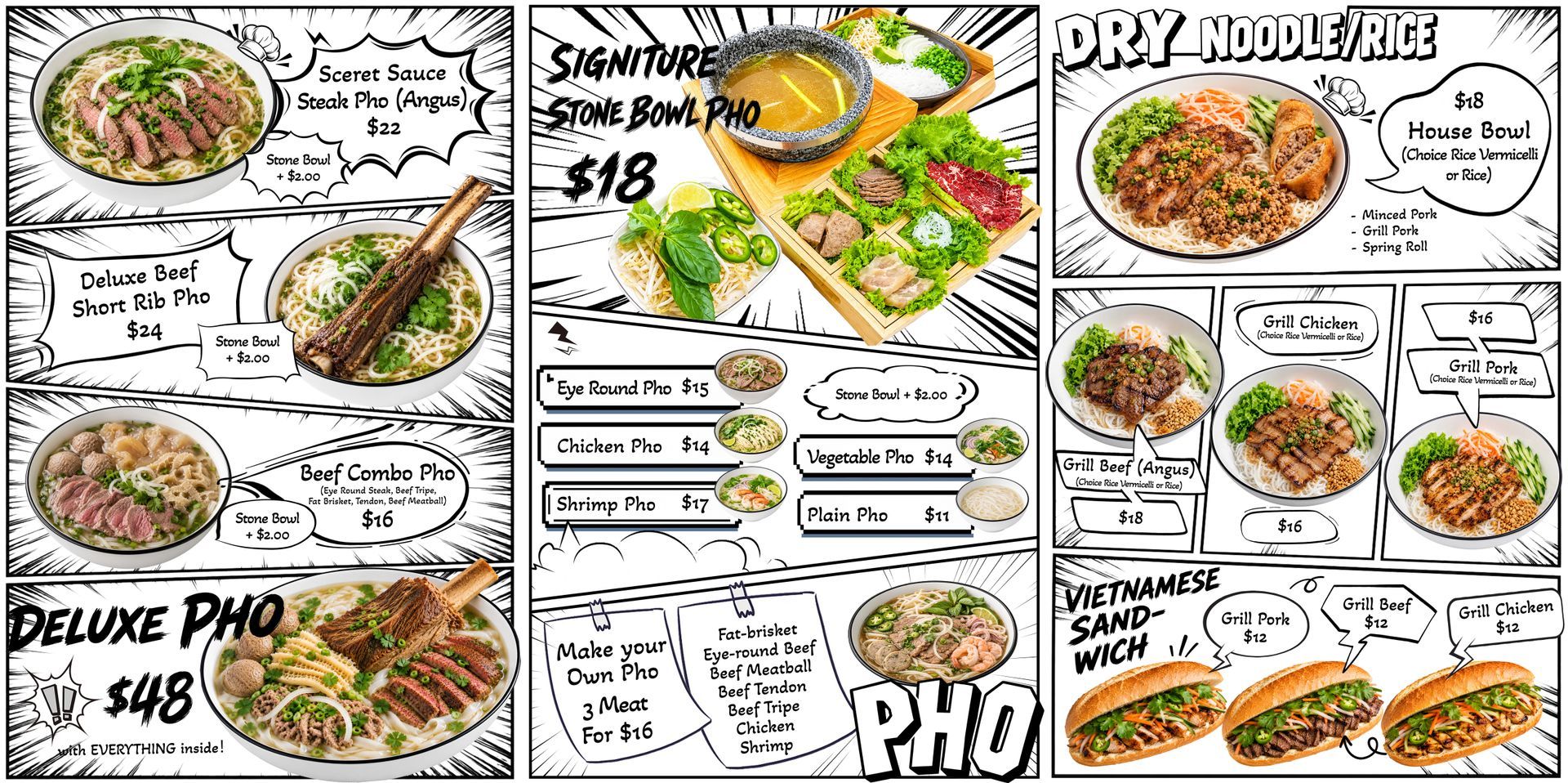 Hand-drawn pho menu page with colorful noodle bowls, prices, and labeled sections for different pho dishes