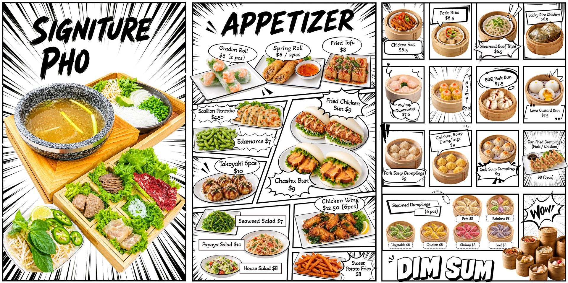 Collage menu of pho, appetizers, and dim sum dishes with labeled sections and food photos