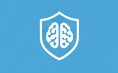 A white line-art icon of a brain centered inside a shield on a solid blue background.