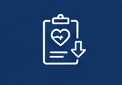 A white outline icon of a clipboard with a heart symbol and a downward arrow on a dark blue background.