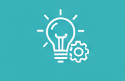 A white line-art icon of a glowing light bulb next to a gear against a solid teal background.