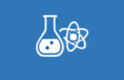 White laboratory flask and atom symbol on a blue background.