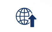 A dark blue icon of a globe with a bold arrow pointing upward from its lower right side.