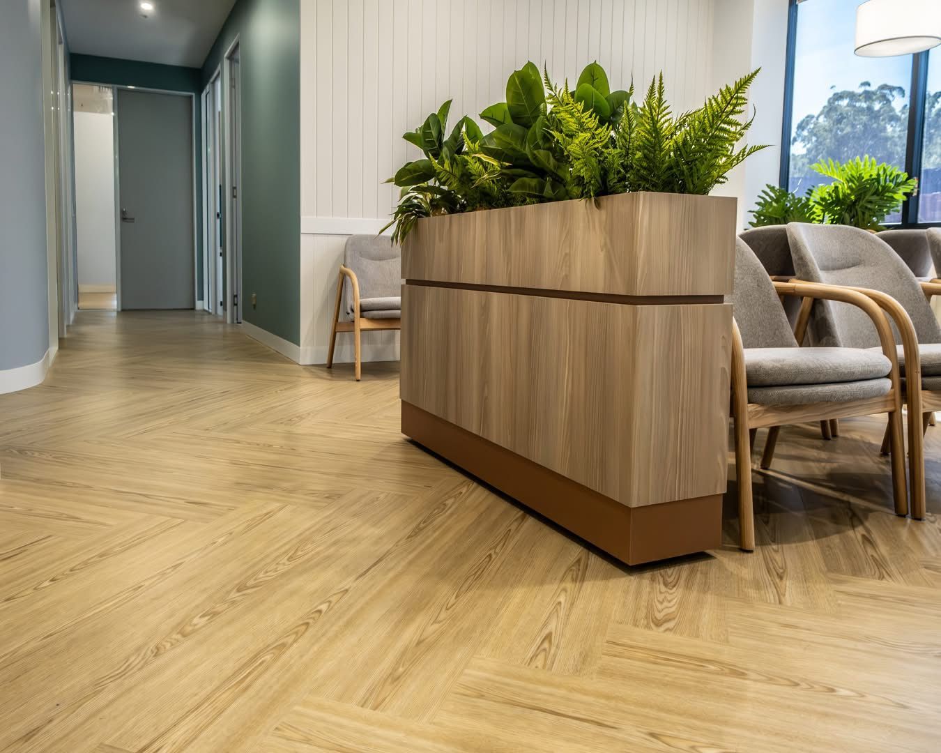 Modern kitchen with green cabinets, island, stools, and concrete flooring. Window with a plant — Kelwin Coastal Carpets In Kundra Park, QLD