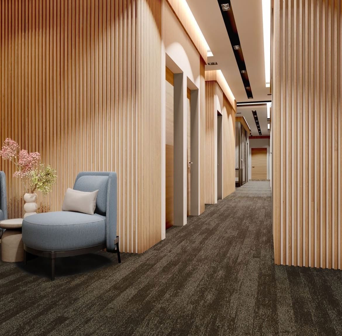 Modern office hallway with wood slat walls — Kelwin Coastal Carpets In Kundra Park, QLD