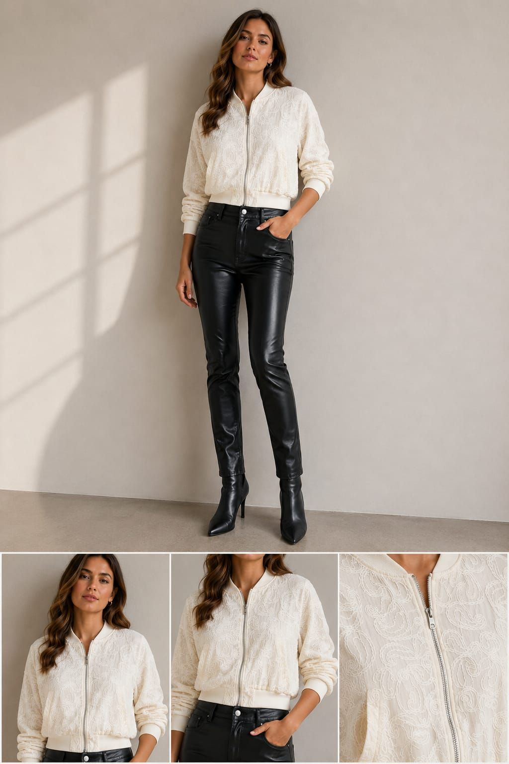 Mujer con blusa blanca y pantalones negros posando en un estudio, mostrada de cuerpo entero con detalles en primer plano.