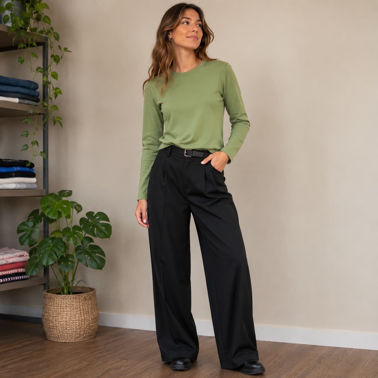 Mujer con blusa verde y pantalones negros de pie en el interior de una casa junto a una planta en maceta.