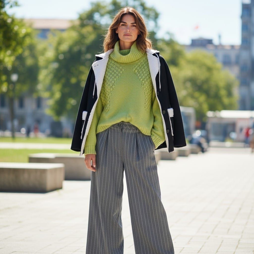 Persona de pie al aire libre con un suéter verde lima, pantalones a rayas grises y una chaqueta blanca y negra.