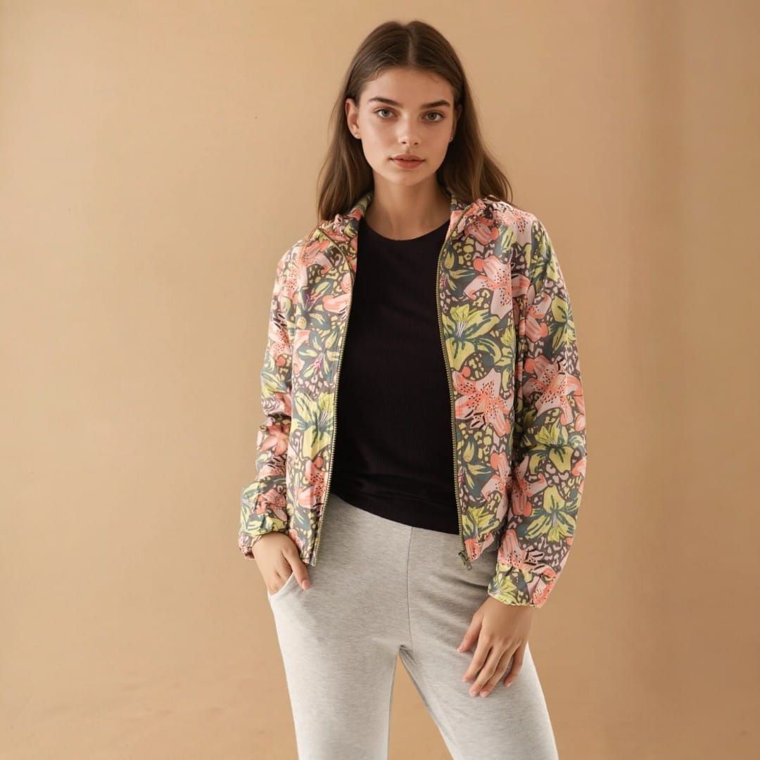 Mujer de pie con chaqueta floral, top marrón, pantalones beige y sandalias sobre un fondo blanco.