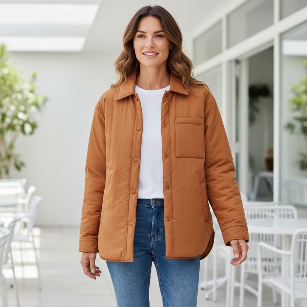 Mujer con chaqueta color óxido y vaqueros de pie en un patio luminoso con sillas blancas y puertas de cristal.
