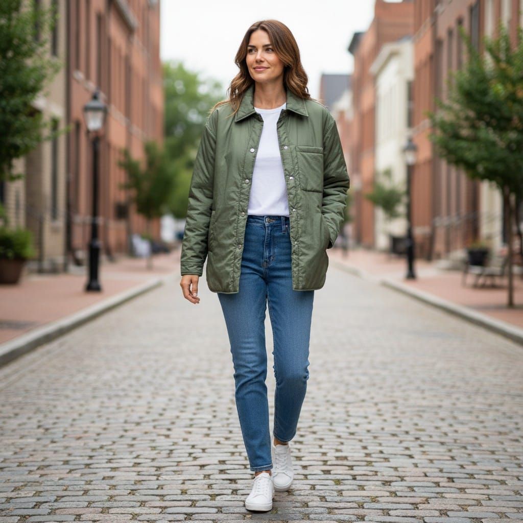 Mujer caminando por una calle empedrada con una chaqueta verde, vaqueros y zapatillas blancas.