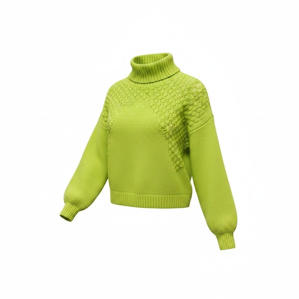 Persona de pie al aire libre con un suéter verde lima, pantalones a rayas grises y una chaqueta blanca y negra.