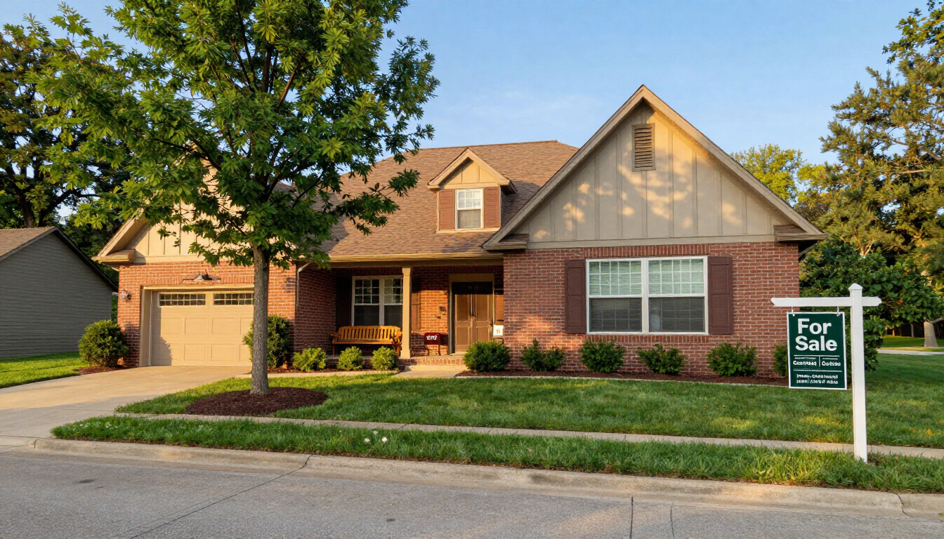 Suburban brick house with a front lawn and a For Sale sign by the driveway