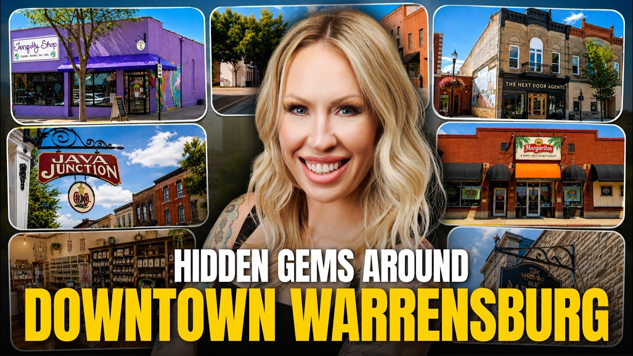 Collage of downtown Warrensburg storefronts with a smiling blonde woman and text “Hidden Gems Around Downtown Warrensburg”