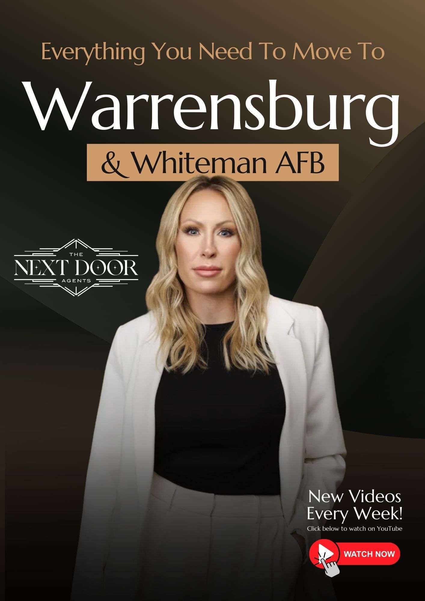 Woman in white jacket; text: 