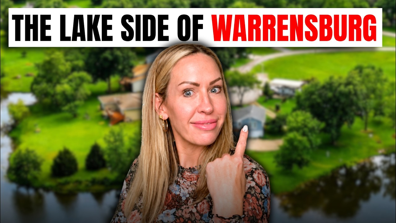 Woman in front of a lake with text “THE LAKE SIDE OF WARRENSBURG” at the top