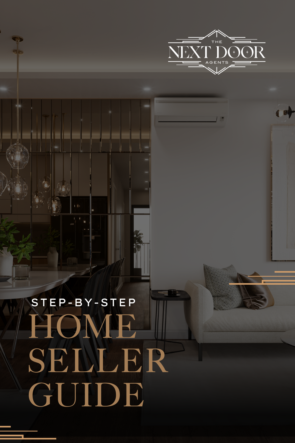 Cover of a home seller guide with interior room photo: white couch, table, dining area, and text.