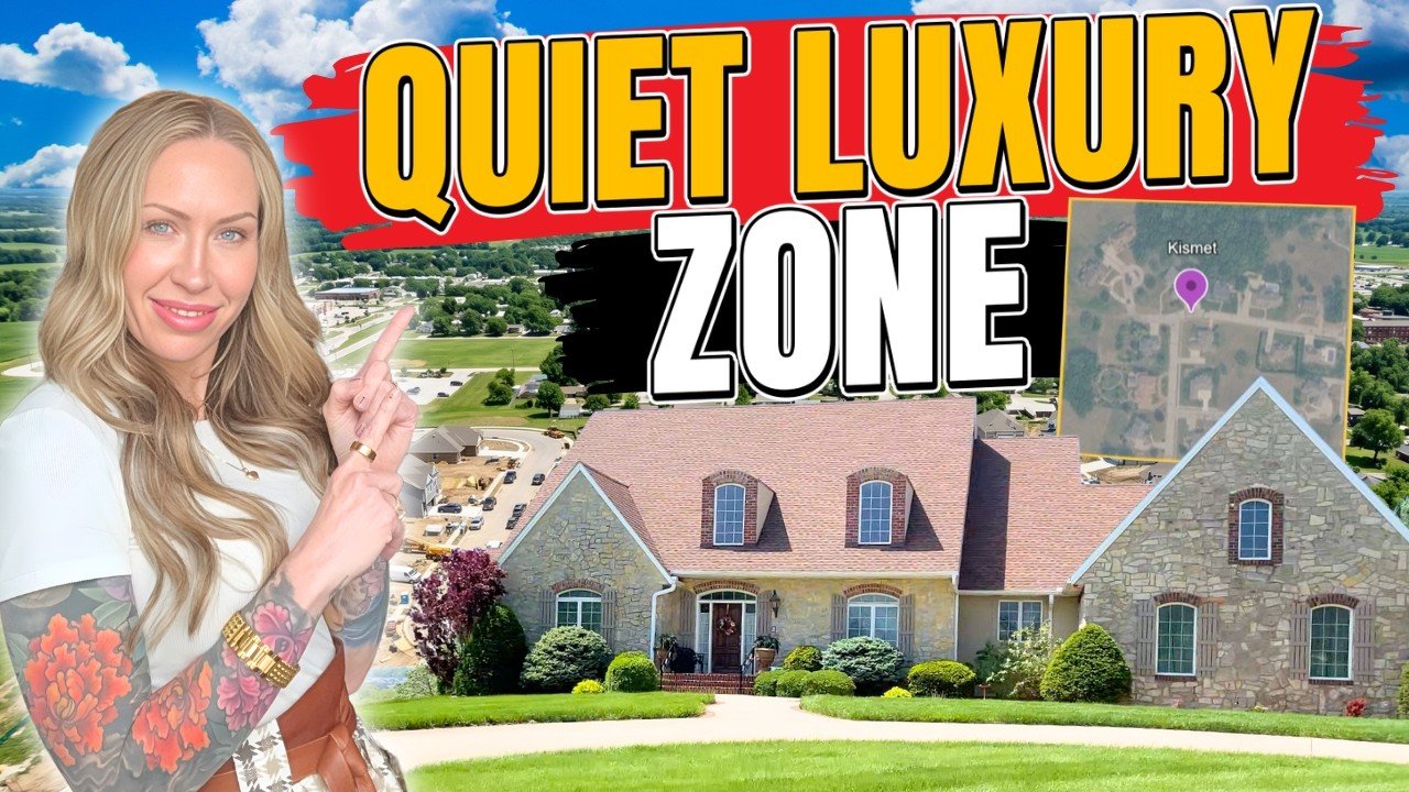 “Quiet Luxury Zone” text over a stone house, with a smiling blonde woman and blue-sky background