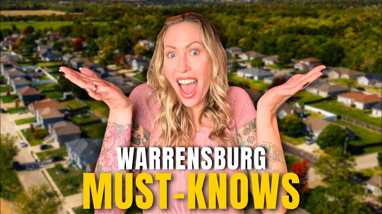 Woman with raised hands over suburban neighborhood aerial, with text “Warrensburg Must-Knows”