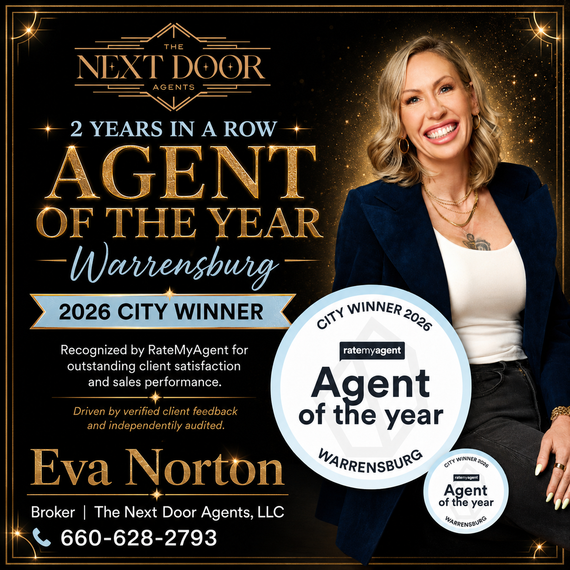Promotional poster for Eva Norton, 2026 City Winner Agent of the Year in Warrensburg, with her portrait and award badges