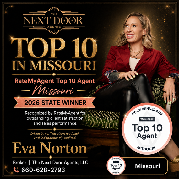 Top 10 in Missouri real estate ad with Eva Norton in red beside “2026 State Winner” award badge