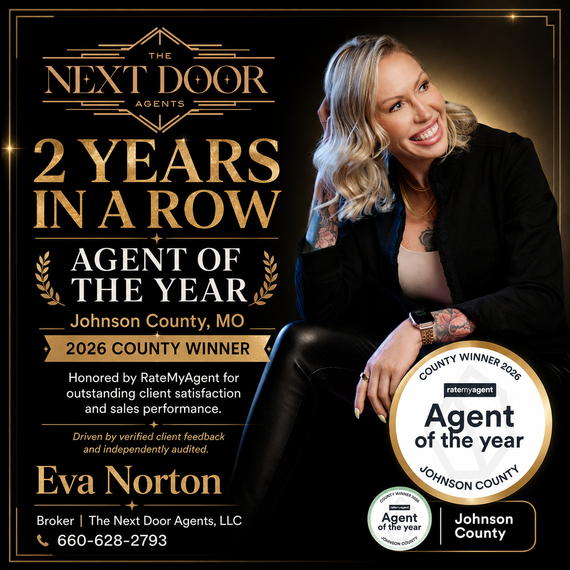 Promotional poster for Next Door Agent of the Year, featuring Eva Norton with award badges and gold-on-black text