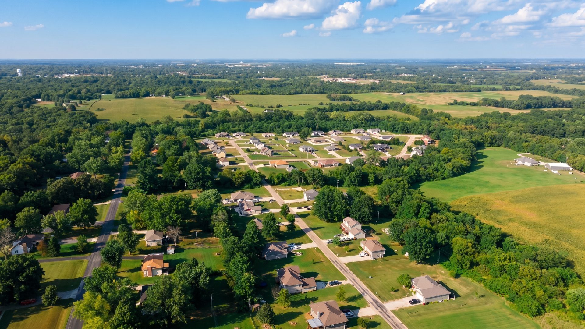 Aerial view of a suburban neighborhood bordered by green fields and trees under a blue sky