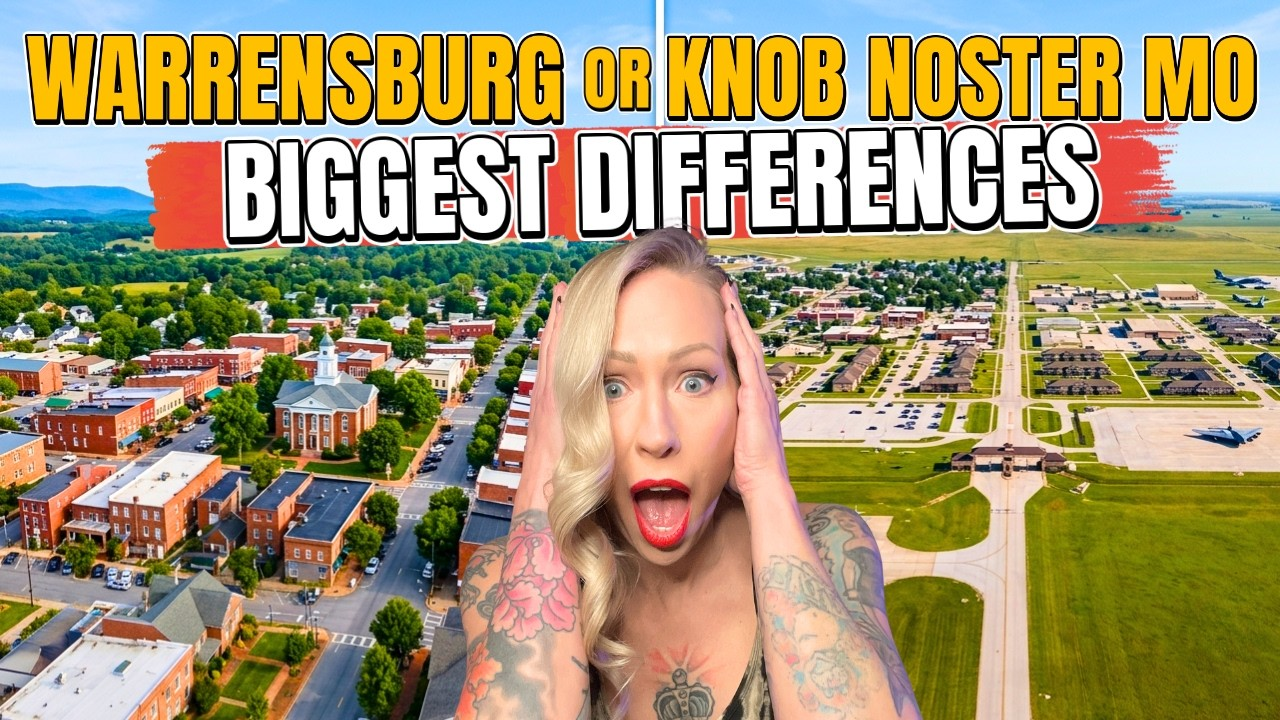 Aerial view of Warrensburg and Knob Noster with bold title text and a surprised blonde woman in the center