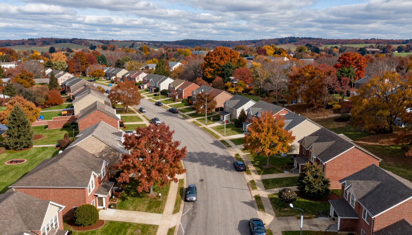 Suburban neighborhood street lined with brick homes and autumn trees under a clear sky