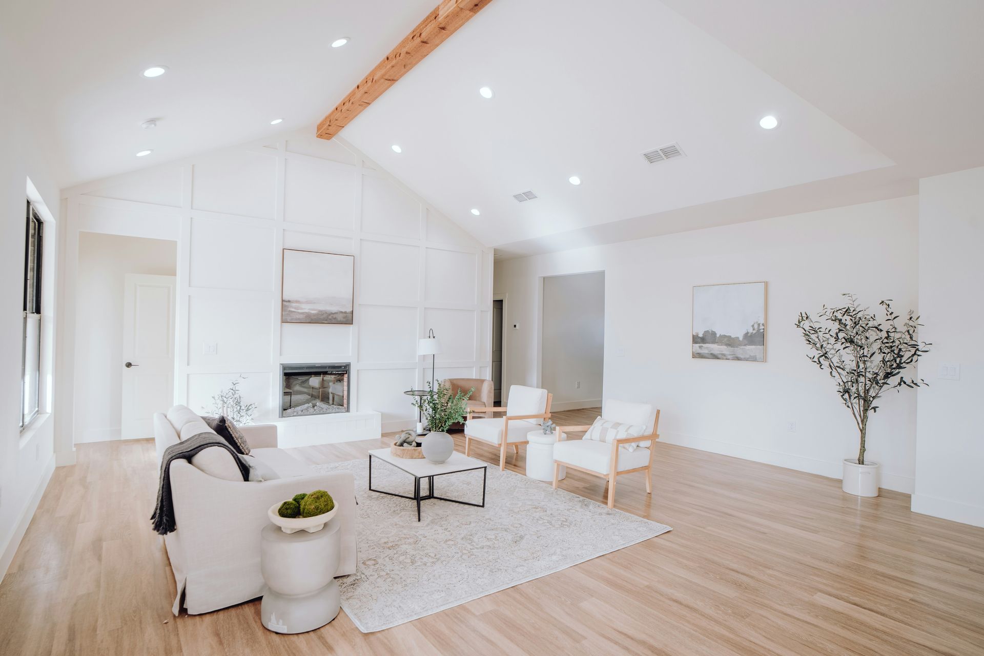 Bright modern living room with white walls, wood floors, and a vaulted ceiling with skylights.