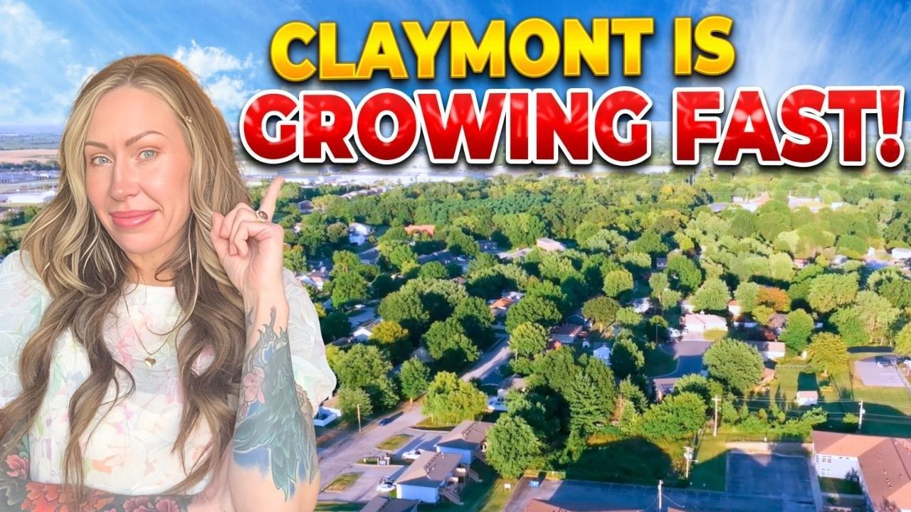 Woman beside aerial neighborhood view with bold text “CLAYMONT IS GROWING FAST!”