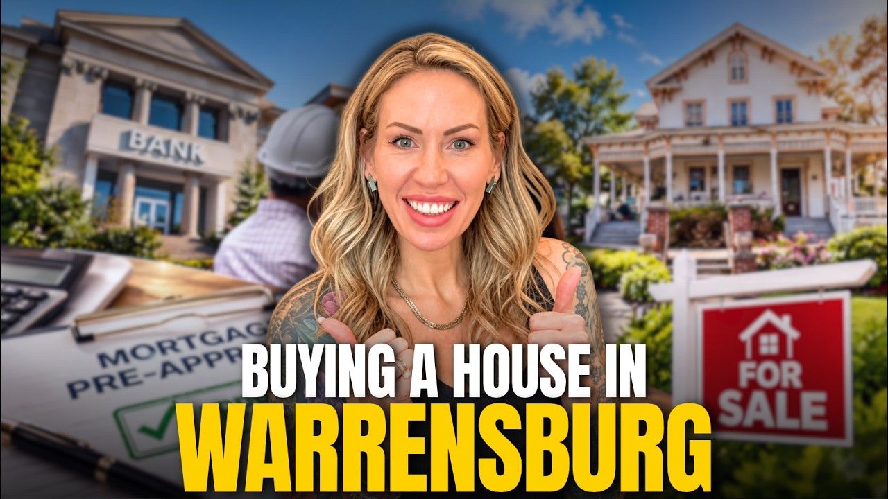 A woman giving a thumbs up in front of a house for sale and a bank, promoting home buying in Warrensburg.