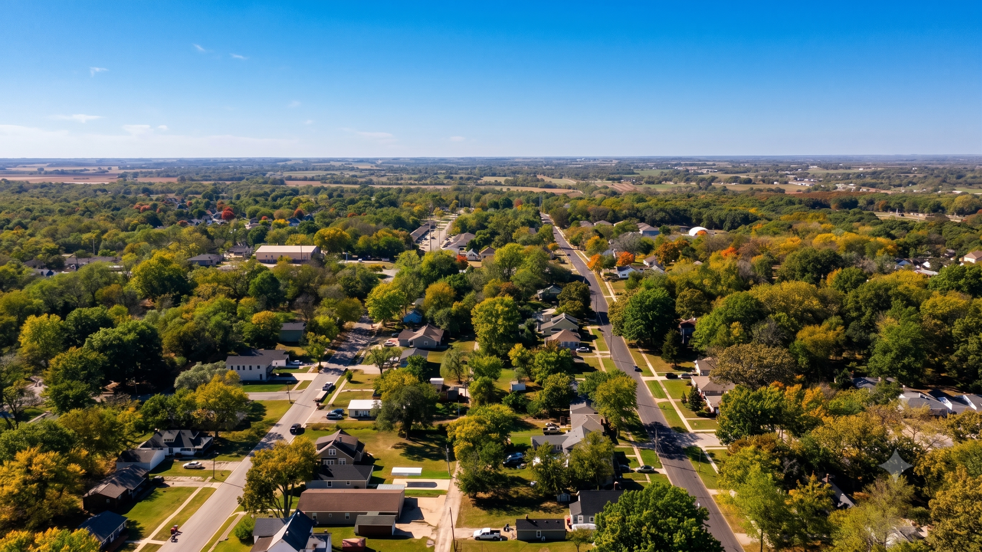 Aerial view of a leafy suburban neighborhood with tree-lined streets and scattered houses under a clear sky