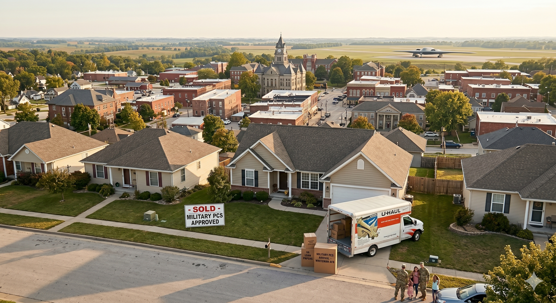 Suburban neighborhood with new homes under construction, a moving truck, and a wide open landscape in the distance