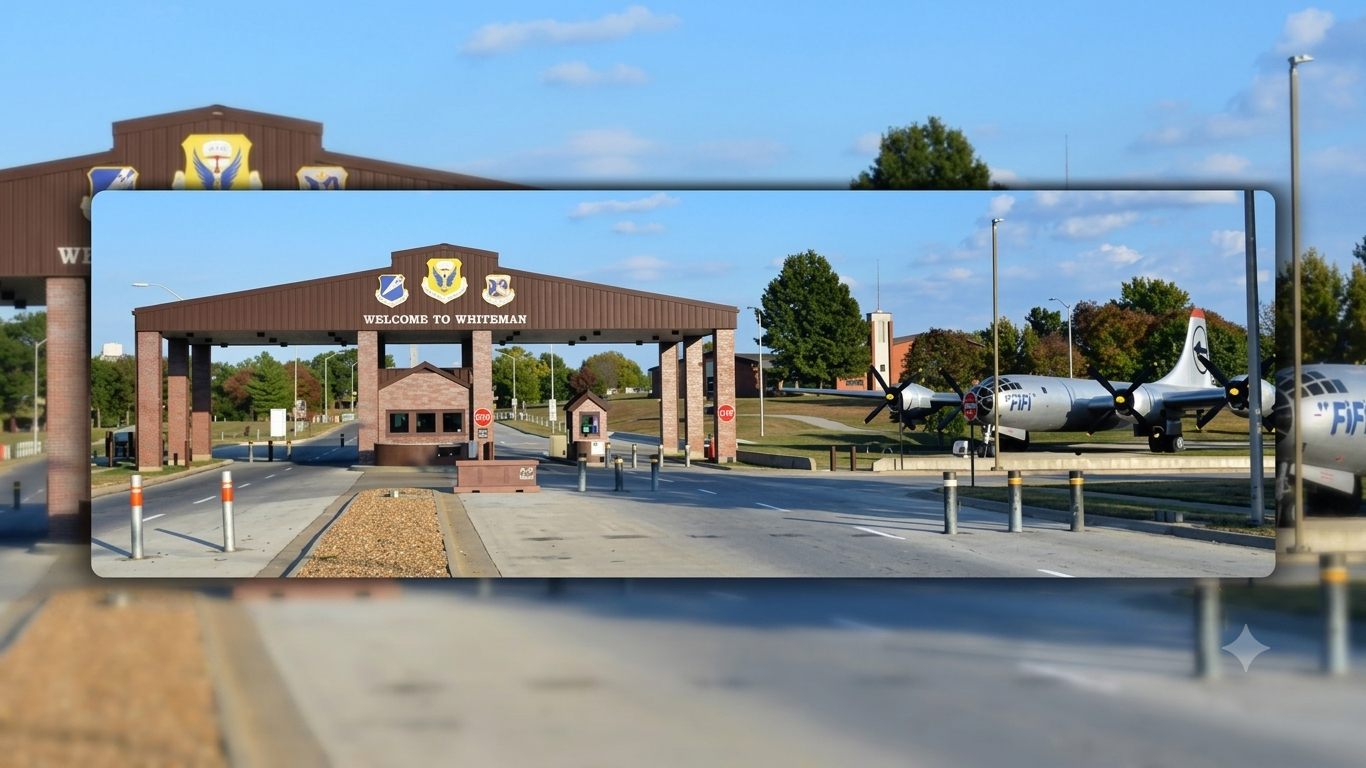 Checkpoint entrance with brown archway, metal gate, and a parked aircraft on the right under a clear blue sky