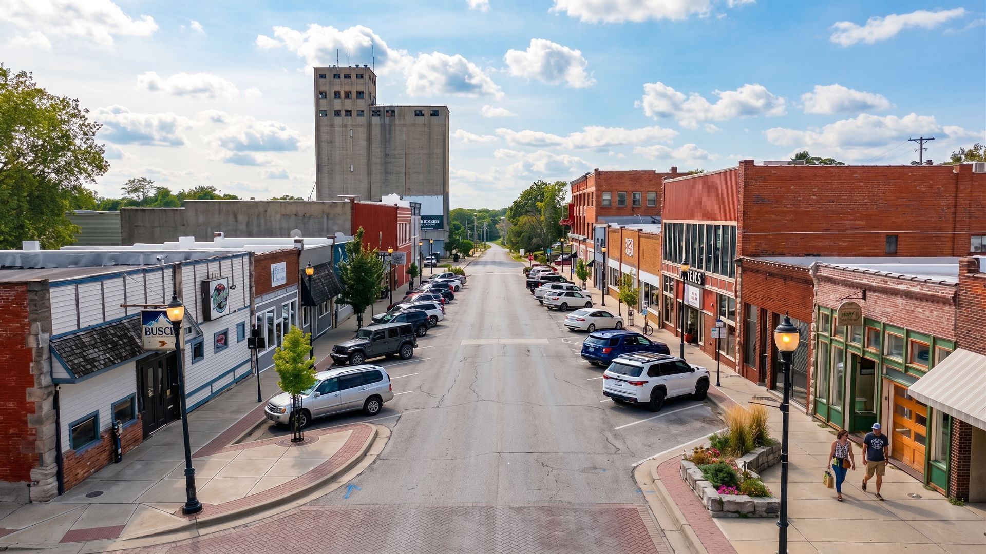 Small-town main street lined with brick shops, parked cars, and a tall grain elevator in the distance.