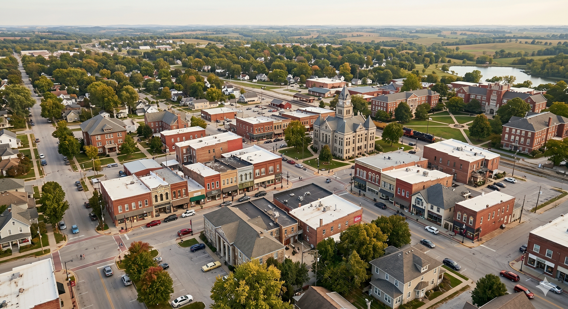 Aerial view of a Warrensburg downtown with brick buildings, tree-lined streets, and parking lot