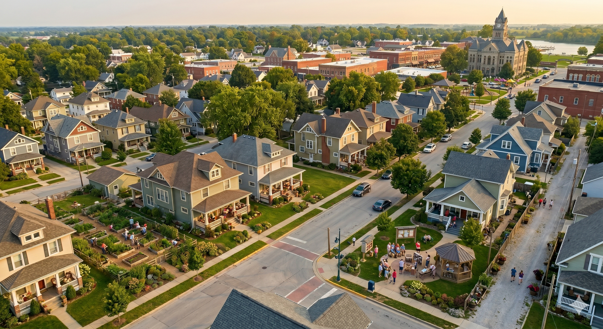 Aerial view of a suburban neighborhood with tree-lined streets and houses at sunset