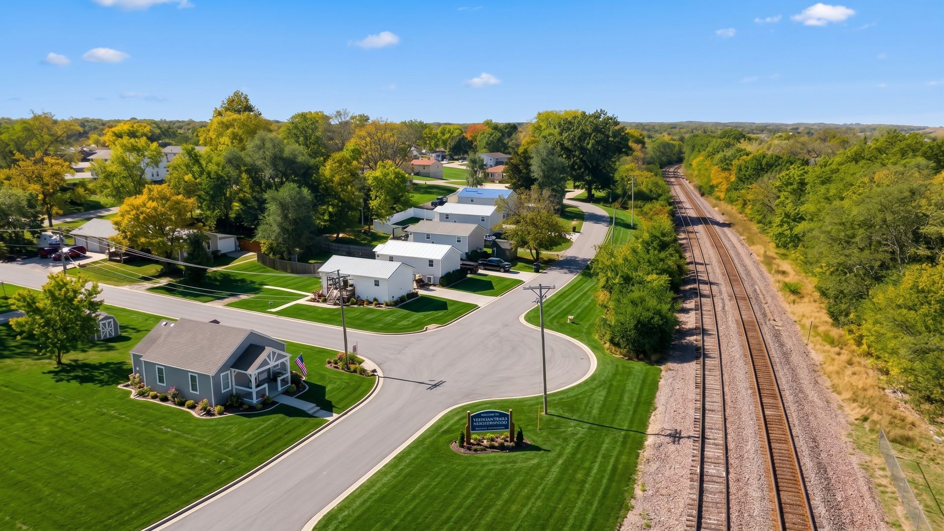 Aerial view of a suburban neighborhood beside railroad tracks on a sunny day.