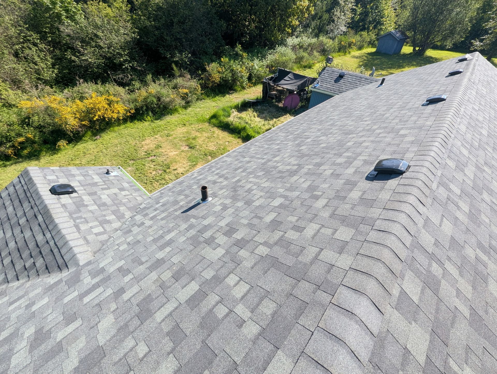 Gray shingled roof with vents, viewed from above beside a green backyard and trees