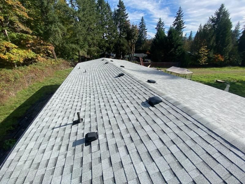 Roof with gray shingles and skylights, viewed from above against trees and grass.