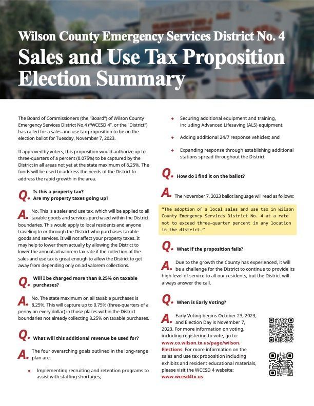 A Wilson County emergency services district no 4 sales and use tax proposition election summary