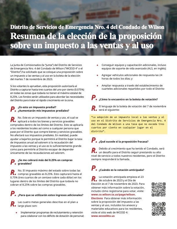 A pamphlet in spanish titled resumen de la eleccion de la proposicion sobre un impuesto a las ventas y al uso
