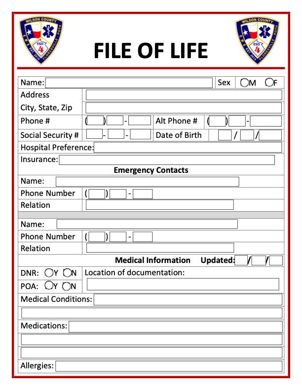 File of Life form with fields for personal, medical, and emergency contact information.