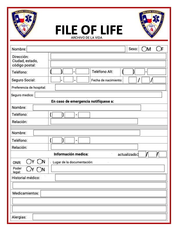 File of Life form with fields for personal and medical information, with emergency symbols.