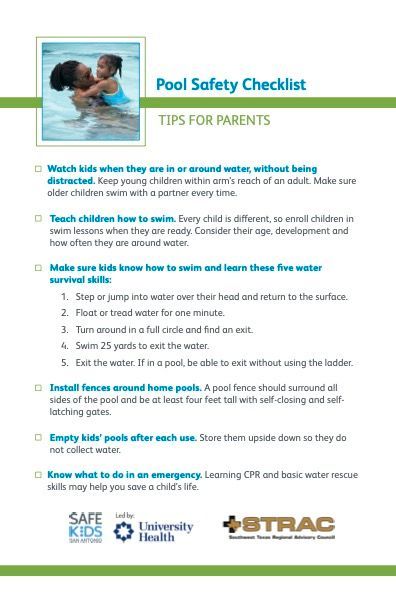 A pool safety checklist for parents with tips for swimming in a pool.