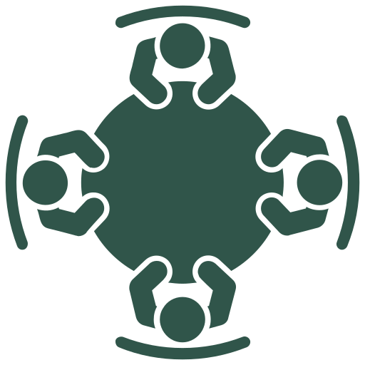 Five people seated around a round table, depicted from above.