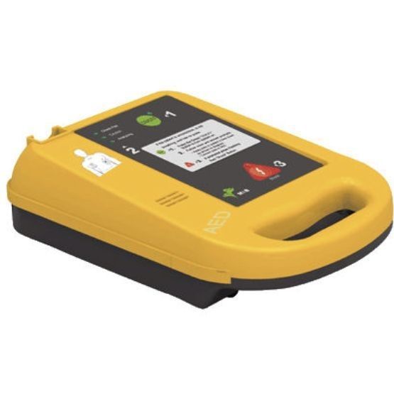 Un dispositivo AED amarillo y negro sobre un fondo blanco